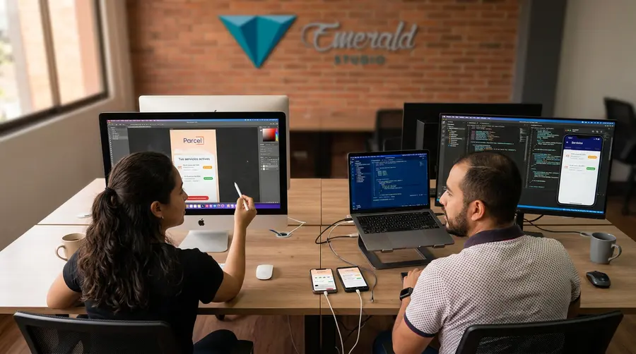 Equipo de desarrollo trabajando en una aplicación móvil